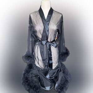 In Bloom Black Sheer Robe with Fur Trim